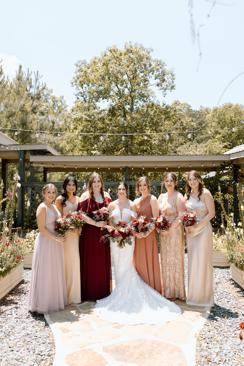 Mismatched Burgundy and Blush Bridesmaid Dresses