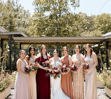 Mismatched Burgundy and Blush Bridesmaid Dresses