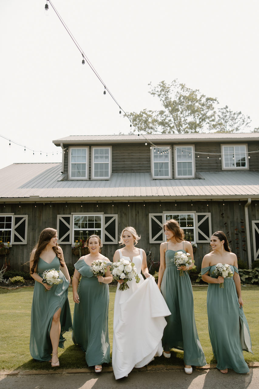 Dusty Blue Bridesmaid Dresses with White Bouquets