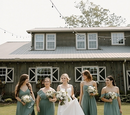 Dusty Blue Bridesmaid Dresses with White Bouquets